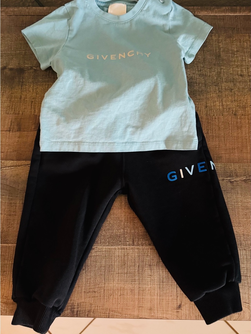 Givenchy Black Joggers with Light Blue Logo Tee